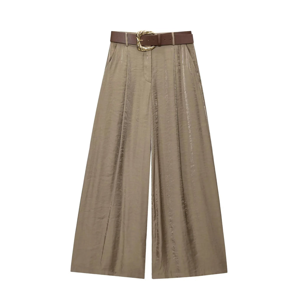 PB&ZA2025 Summer New Women's Solid Color Temperament Matching Belt Satin Textured Wide Leg Casual Pants