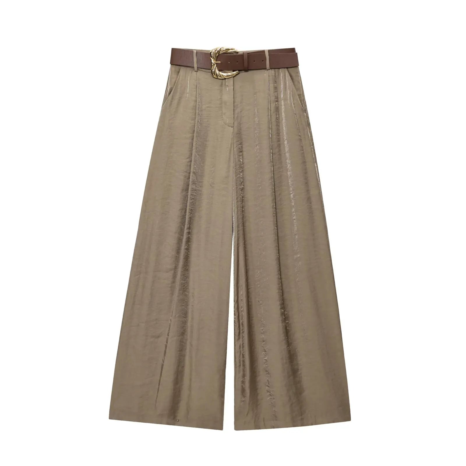 PB&ZA2025 Summer New Women's Solid Color Temperament Matching Belt Satin Textured Wide Leg Casual Pants