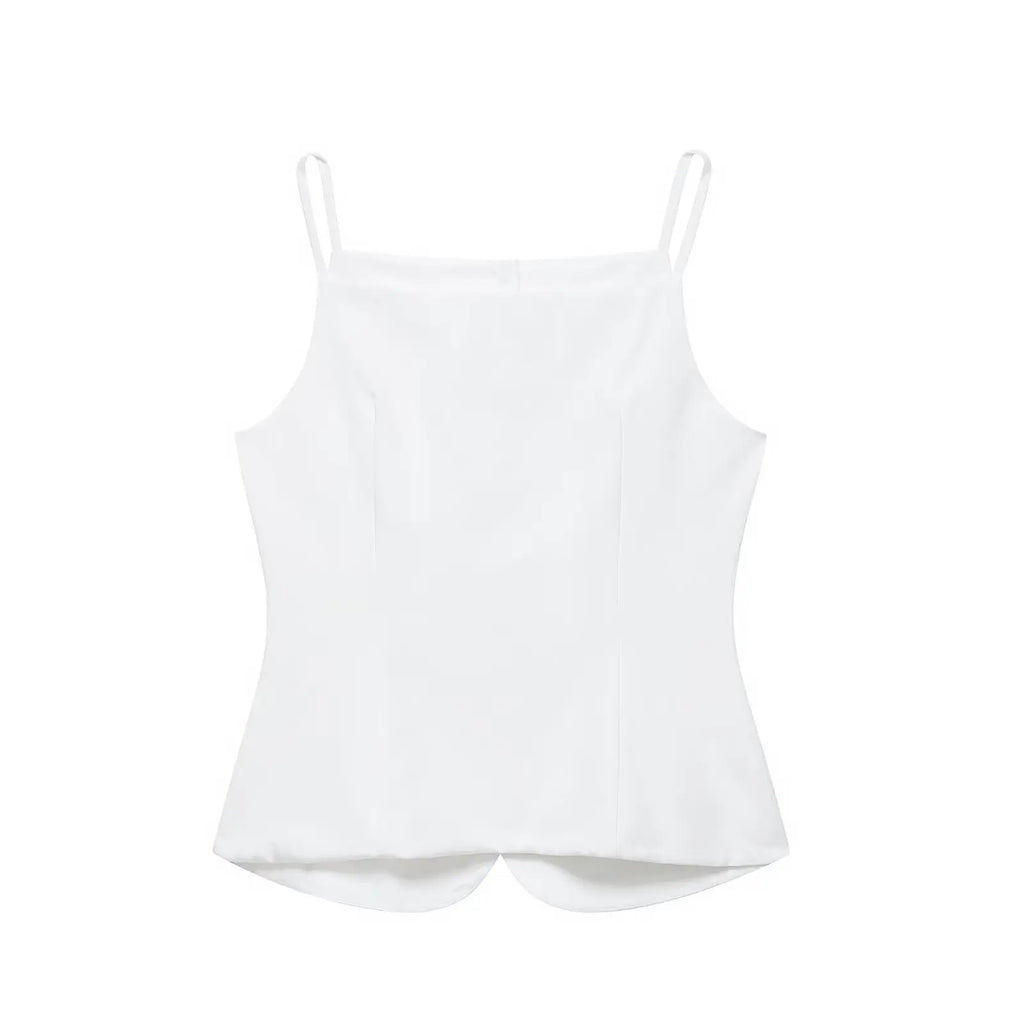 TRAFZA Women's Solid Square Collar Single Breasted Sleeveless Short Top+High Waist Zipper Side Pocket Shorts Female Slim Suits