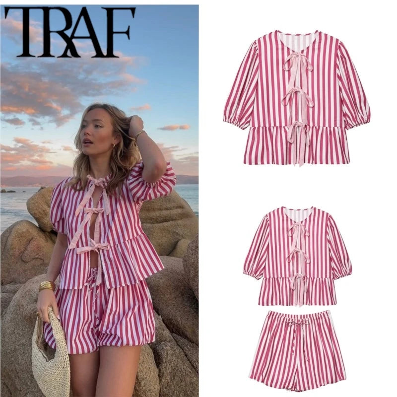 TRAF 2025 Woman Fashion Spring Summer Small Niche Lace Up Loose Top Sets Casual High Waisted Short Suits