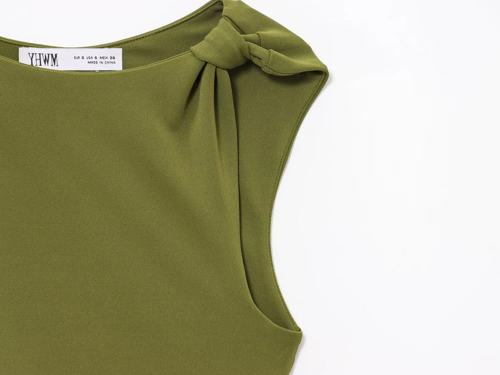 TRAFZA Female Summer Holiday Style Long Dress Green O-Neck Single-Shoulder Sleeve Hollow Out Waist Women's New Fashion Dresses