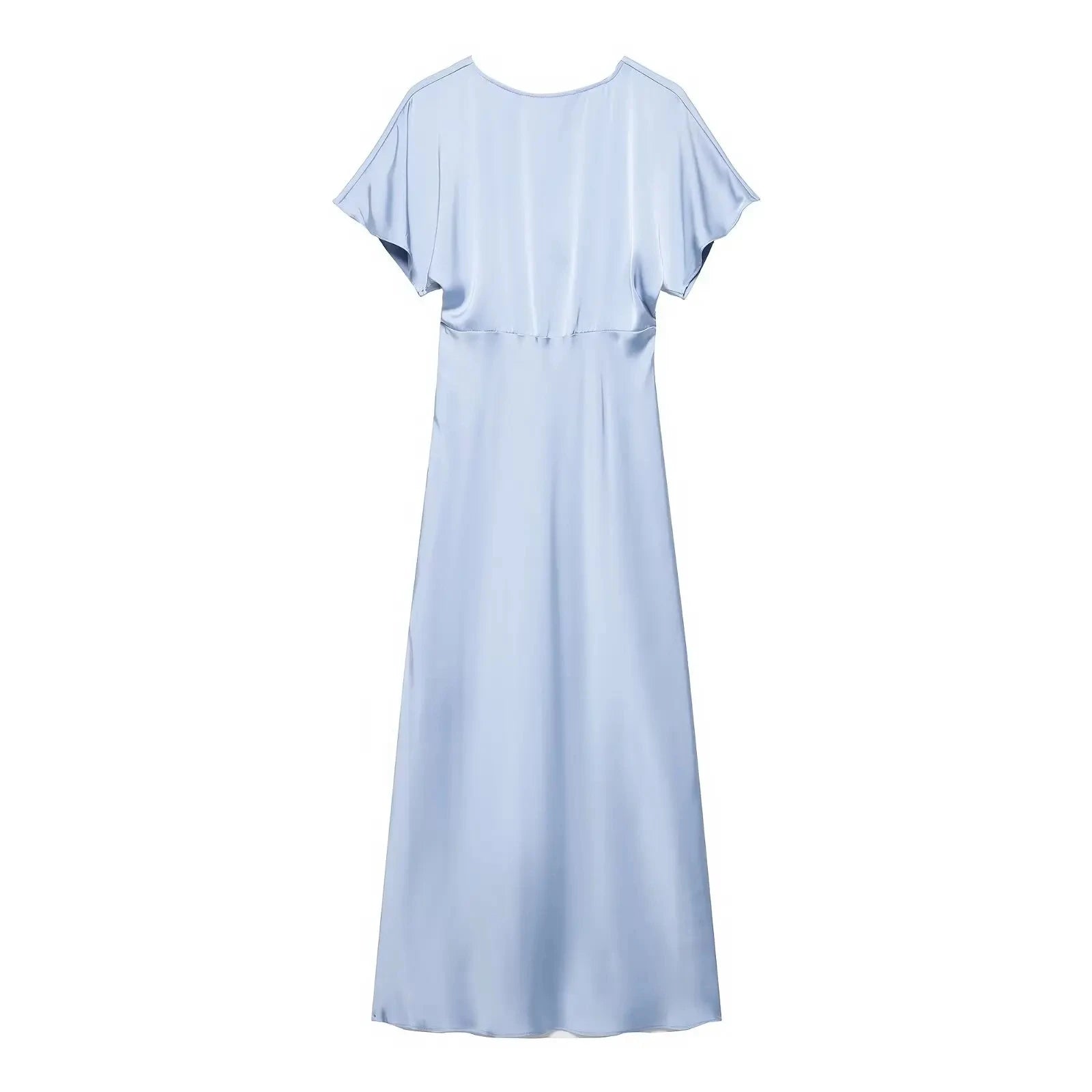 TRAFZA Summer Causal Silk Satin Texture Dresses For Women Pleated Short Sleeves Vintage V-neck Summer Pajama Style Midi Dresses