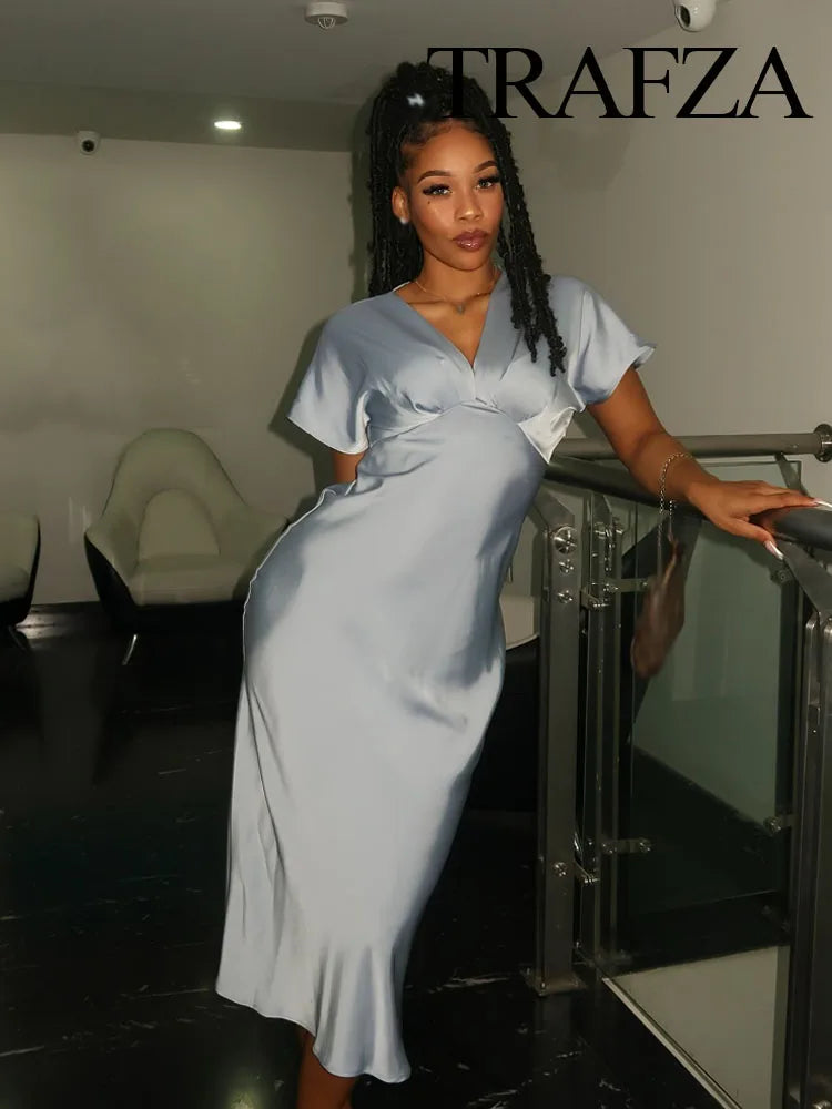TRAFZA Summer Causal Silk Satin Texture Dresses For Women Pleated Short Sleeves Vintage V-neck Summer Pajama Style Midi Dresses