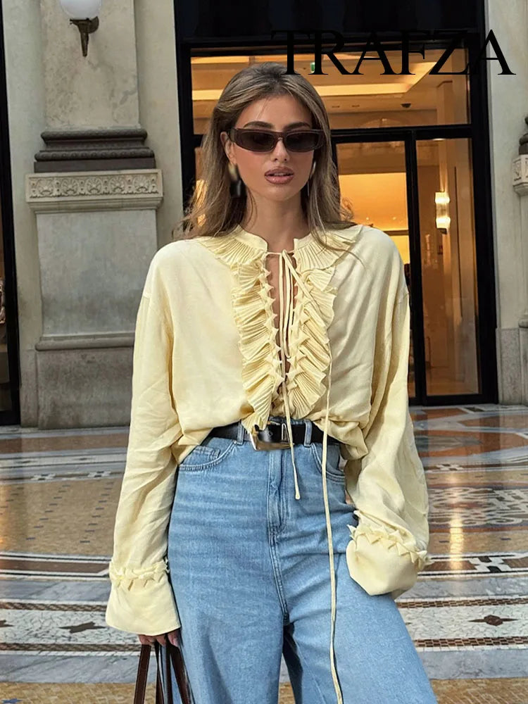 TRAFZA Female Summer Casual Chic Shirts Light Yellow V-Neck Long Sleeves Tierred Decoration Lace-Up Women's Fashion Blouses