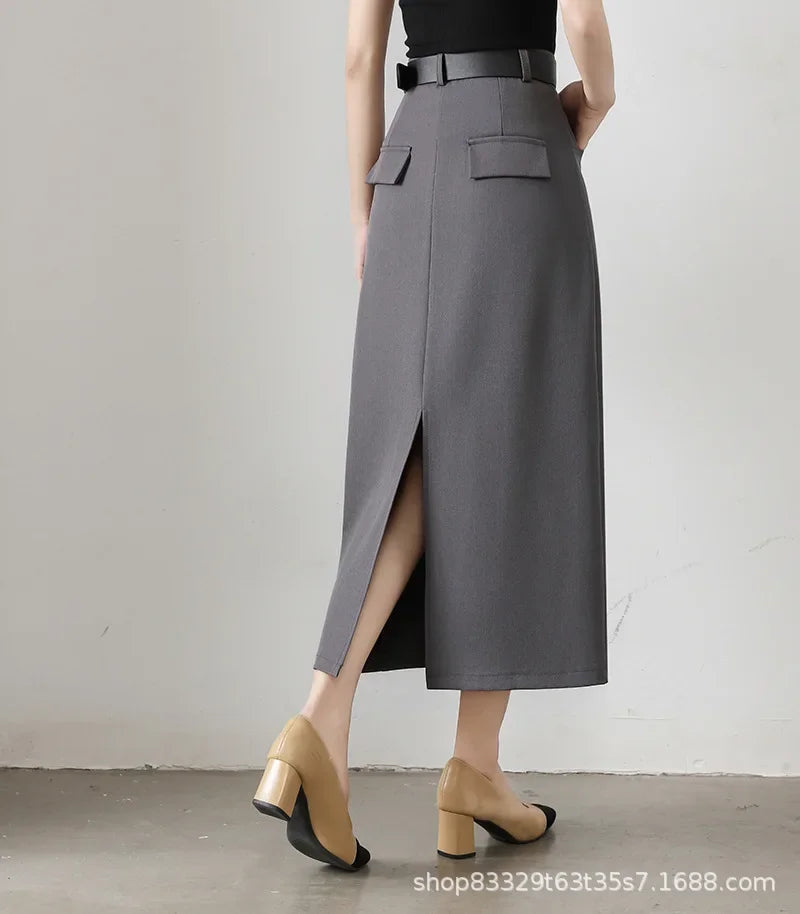 High Waist A- Line Long Skirt for Women in Black And Grey Suiting Spring Autumn Straight Cut Wrap around Skirt Polyester Fiber