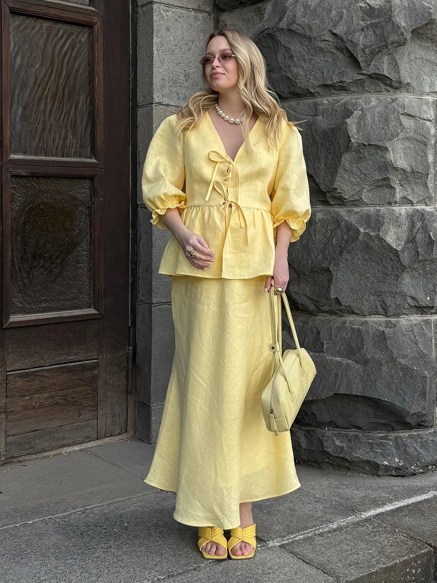 Tossy Summer Ruffled 2 Piece-Set Maxi Skirt For Women V-Neck Lace-Up Short Sleeve Shirts Top And Slim High Waist Long Skirt Sets