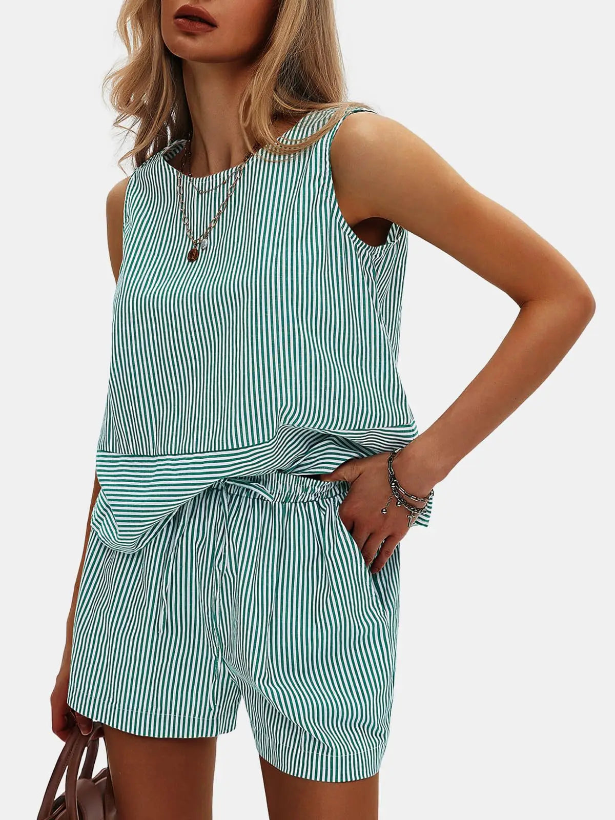 2025 New European and American Style Store Women's Summer 2-Piece Set Sleeveless Top and Shorts Striped Sports
