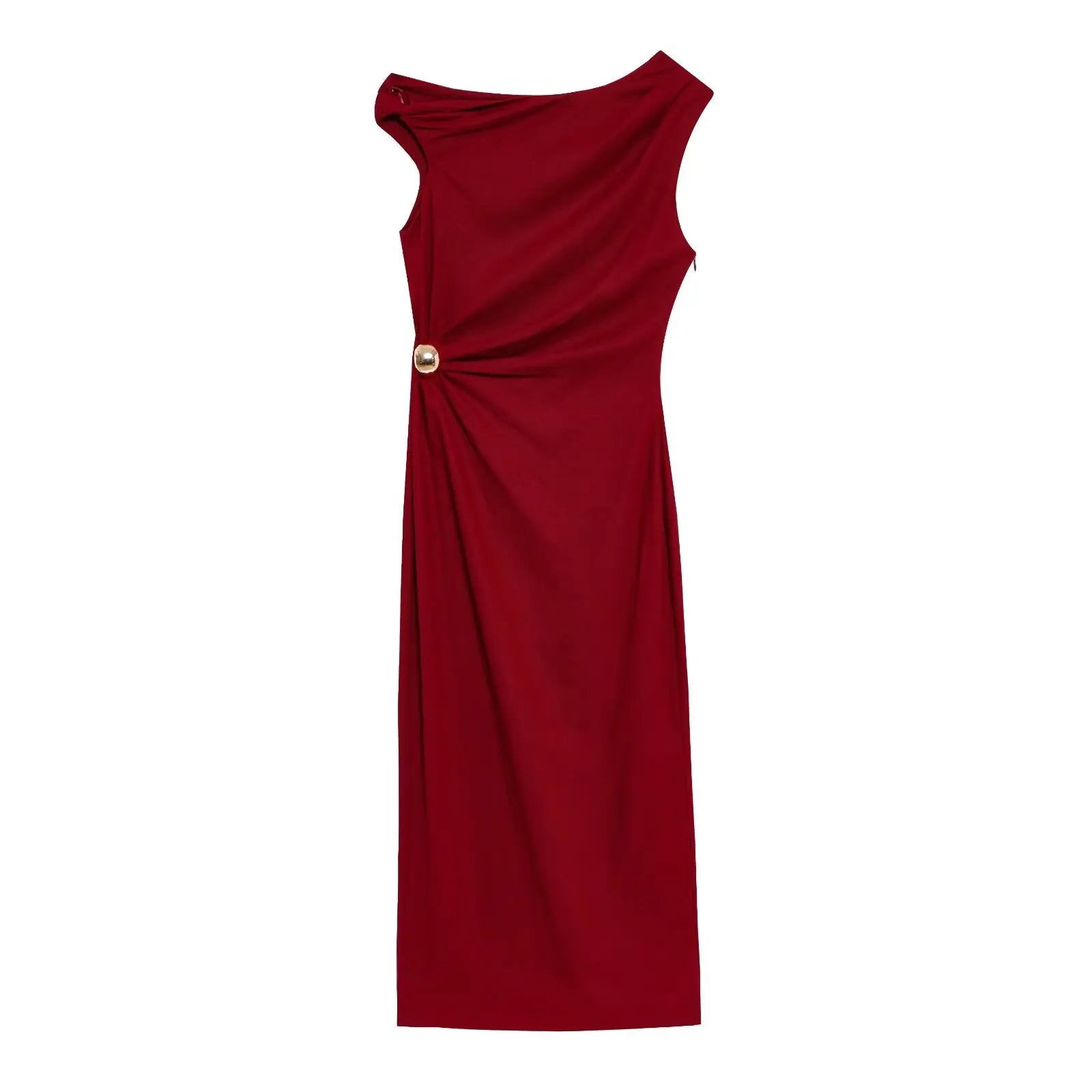 TRAFZA Women's Summer Fashion Round Neck Sleeveless Line Blended Midi Dress Female Sexy Elegant Slim Pleated Hem Slit Long Dress