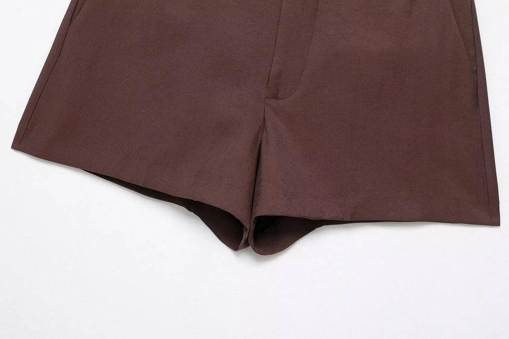 TRAFZA Female Summer Fashion Suits Brown Turn-Down Collar Long Sleeves Bow Lace-Up Single-Breasted Coat+High Waist Zipper Shorts