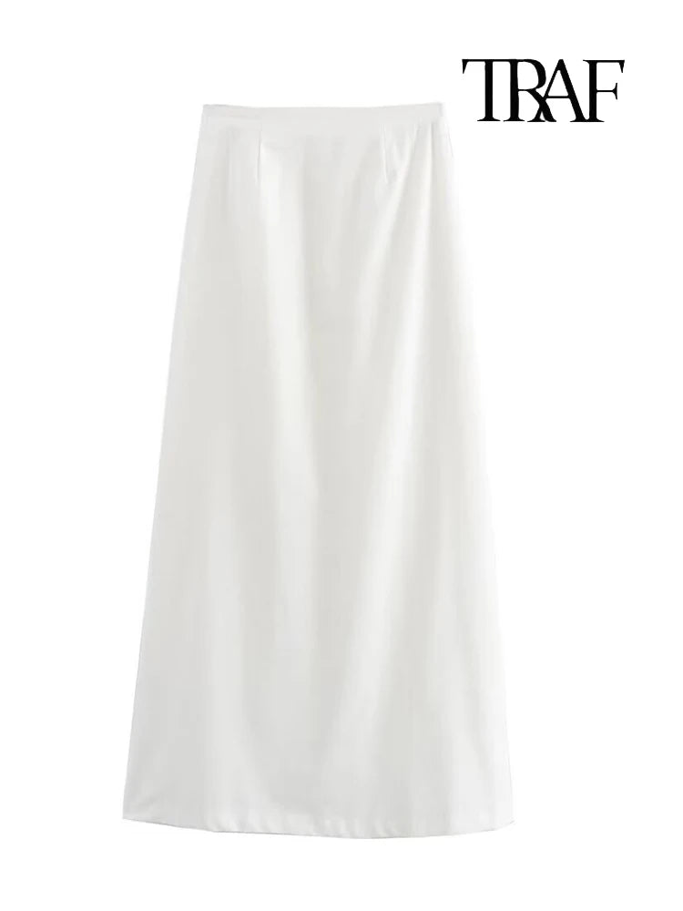 TRAF Women's Fashion Folded Ruffle Sleeveless Top Long Skirt Set Elegant White Lace Tie Blouse Chic High Waist Long Skirt Set