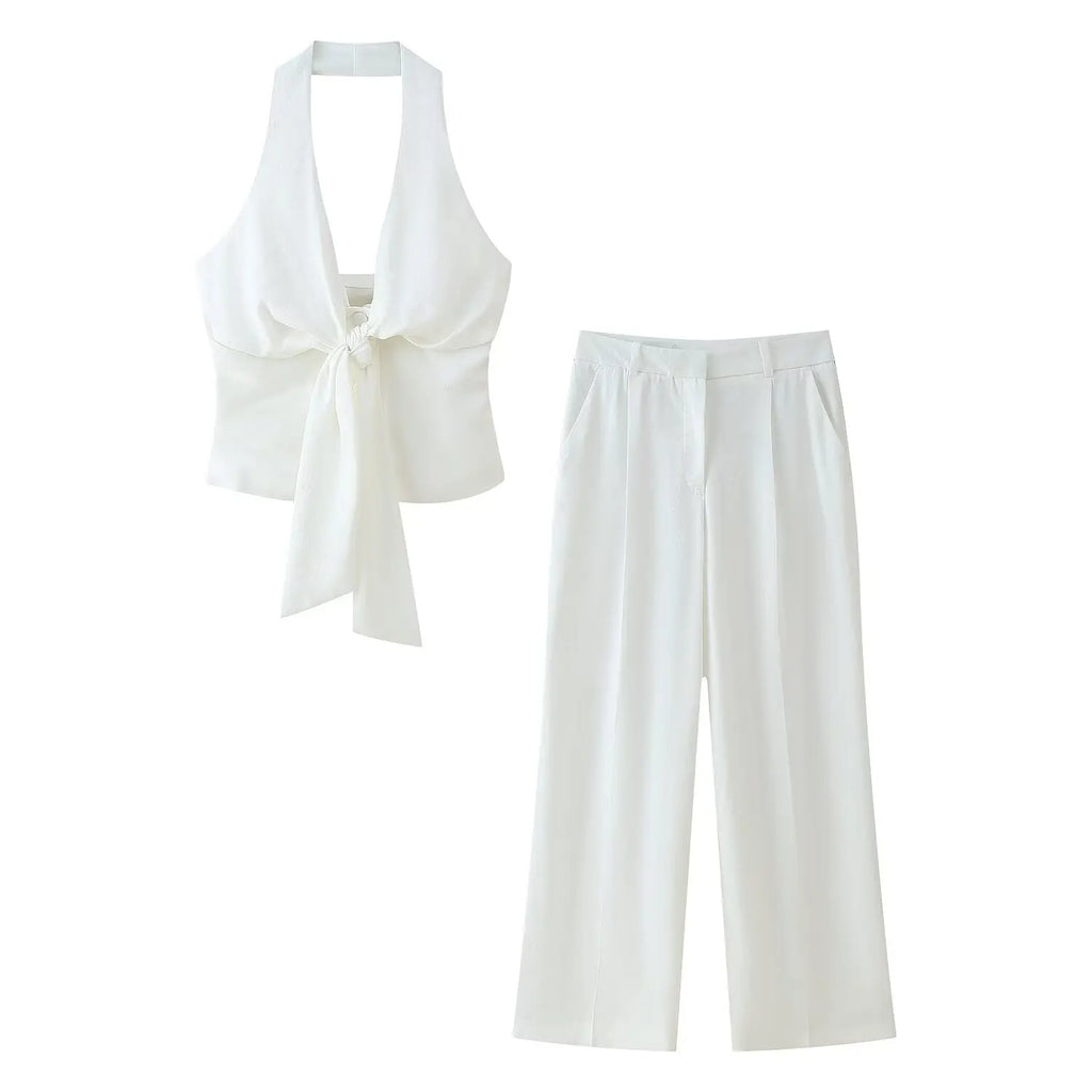 TRAFZA Women Pants Suit White Hanging Neck Collar Knot Decoration Top+Chic High Waist Side Pocket Zipper Pleated Wide-Leg Pants