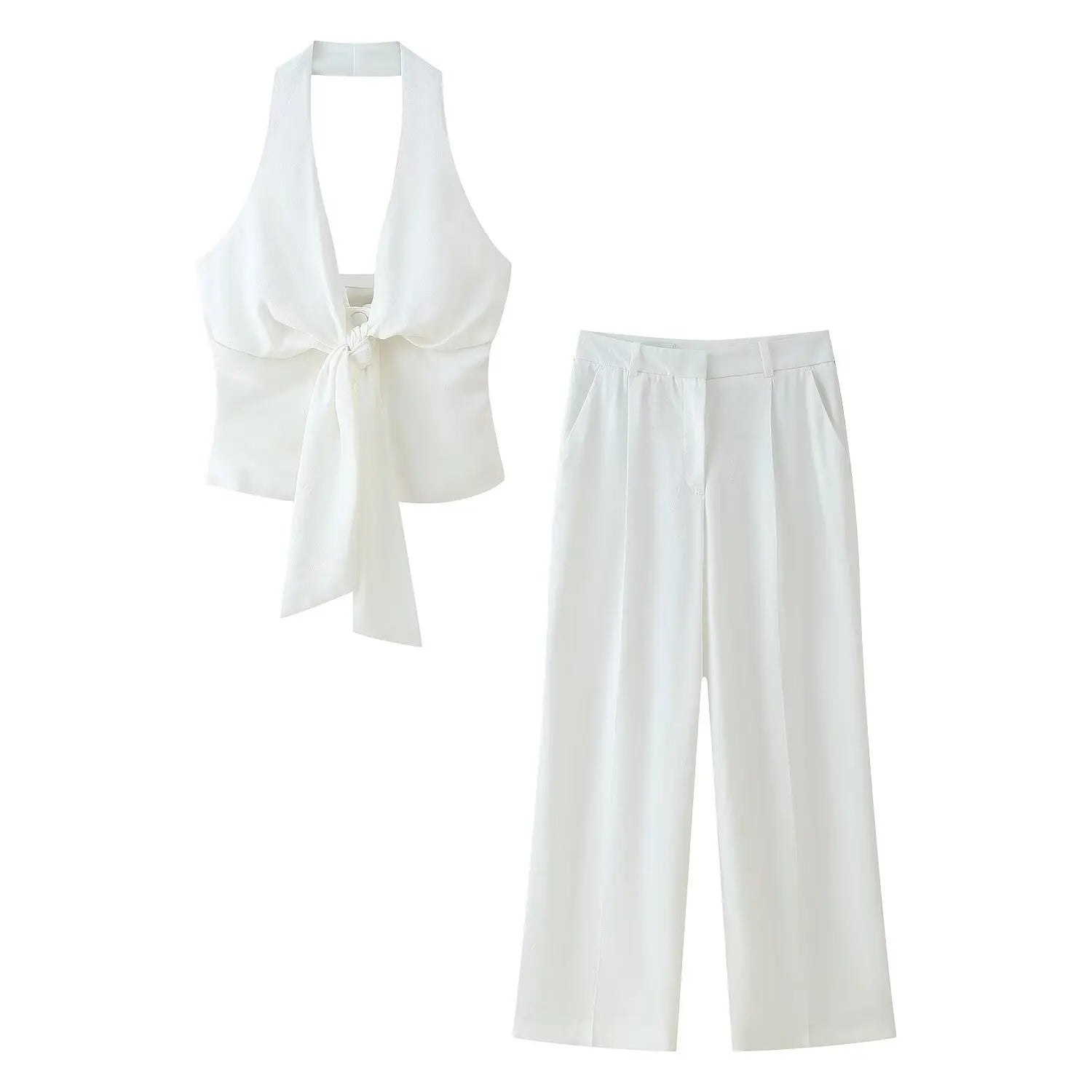 TRAFZA Women Pants Suit White Hanging Neck Collar Knot Decoration Top+Chic High Waist Side Pocket Zipper Pleated Wide-Leg Pants