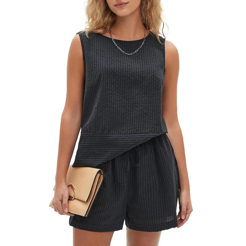 2025 New European and American Style Store Women's Summer 2-Piece Set Sleeveless Top and Shorts Striped Sports