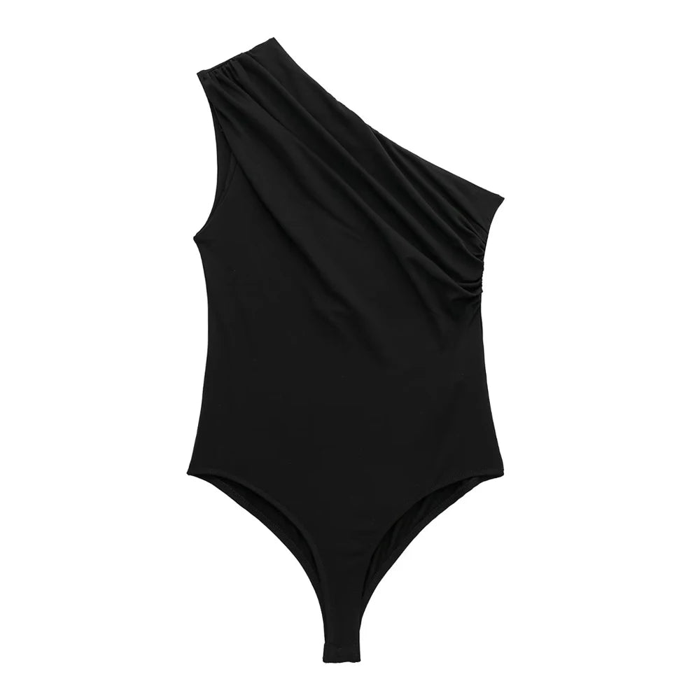 TRZA-Women's Ruched Asymmetric Bodysuits, One Shoulder, Wide Straps, Snap-Button, Female Playsuits, Sexy Fashion