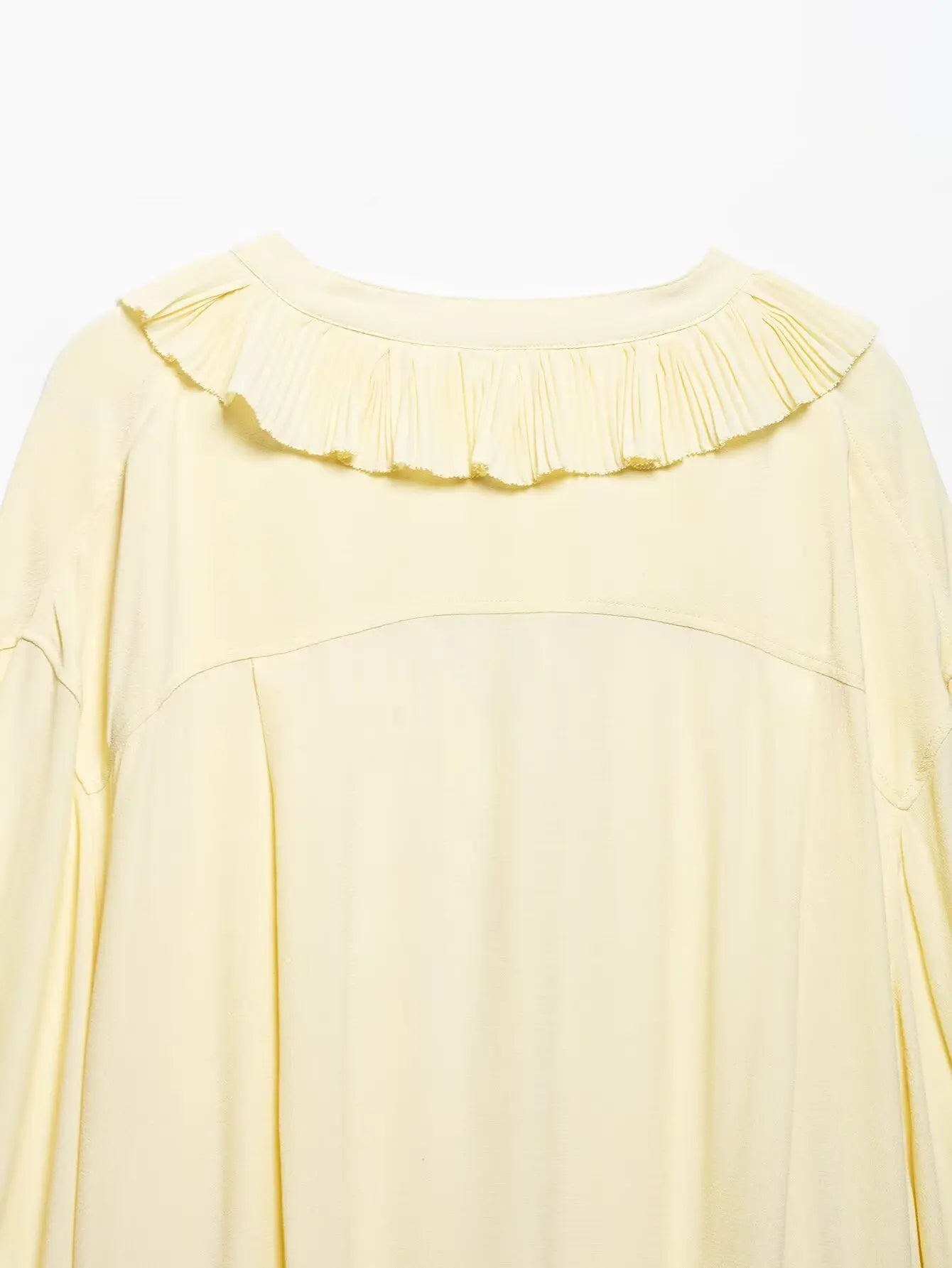 TRAFZA Female Summer Casual Chic Shirts Light Yellow V-Neck Long Sleeves Tierred Decoration Lace-Up Women's Fashion Blouses