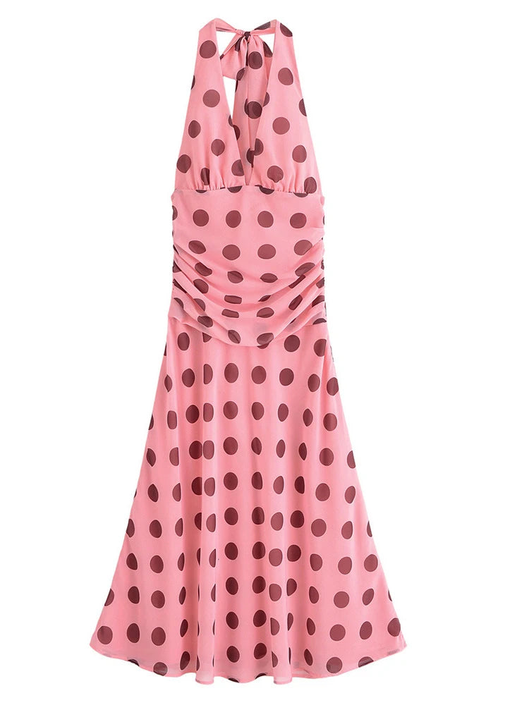 JULISSA MO Print Polka Dot Halter Women Maxi Dress Pink Sexy Backless V-neck Dress Femme Summer Slim Elegant Party Evening Dress