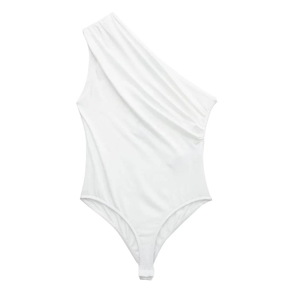 TRZA-Women's Ruched Asymmetric Bodysuits, One Shoulder, Wide Straps, Snap-Button, Female Playsuits, Sexy Fashion