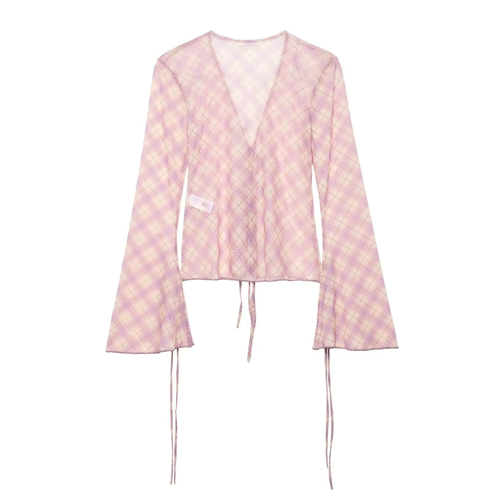 TRAFZA Women 2 Piece Set Chic Lace V-Neck Plaid Decorate Long Sleeves Shirt Top+Fashion Mid Waist Pull Rope Loose Long Skirt