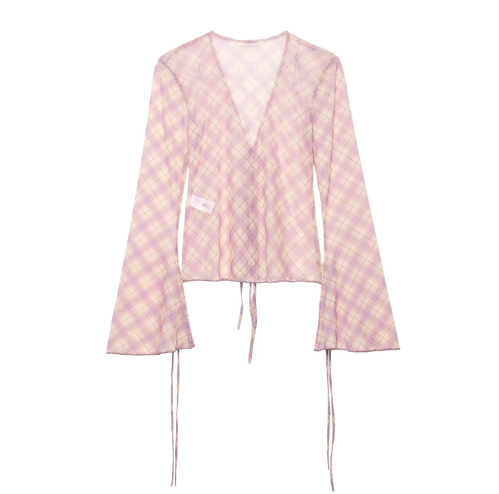 TRAFZA Women 2 Piece Set Chic Lace V-Neck Plaid Decorate Long Sleeves Shirt Top+Fashion Mid Waist Pull Rope Loose Long Skirt