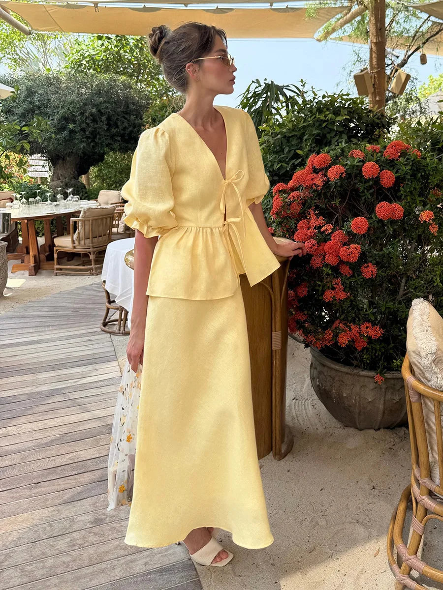 Tossy Summer Ruffled 2 Piece-Set Maxi Skirt For Women V-Neck Lace-Up Short Sleeve Shirts Top And Slim High Waist Long Skirt Sets