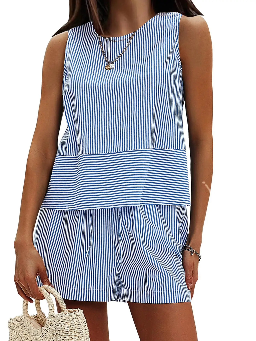 2025 New European and American Style Store Women's Summer 2-Piece Set Sleeveless Top and Shorts Striped Sports