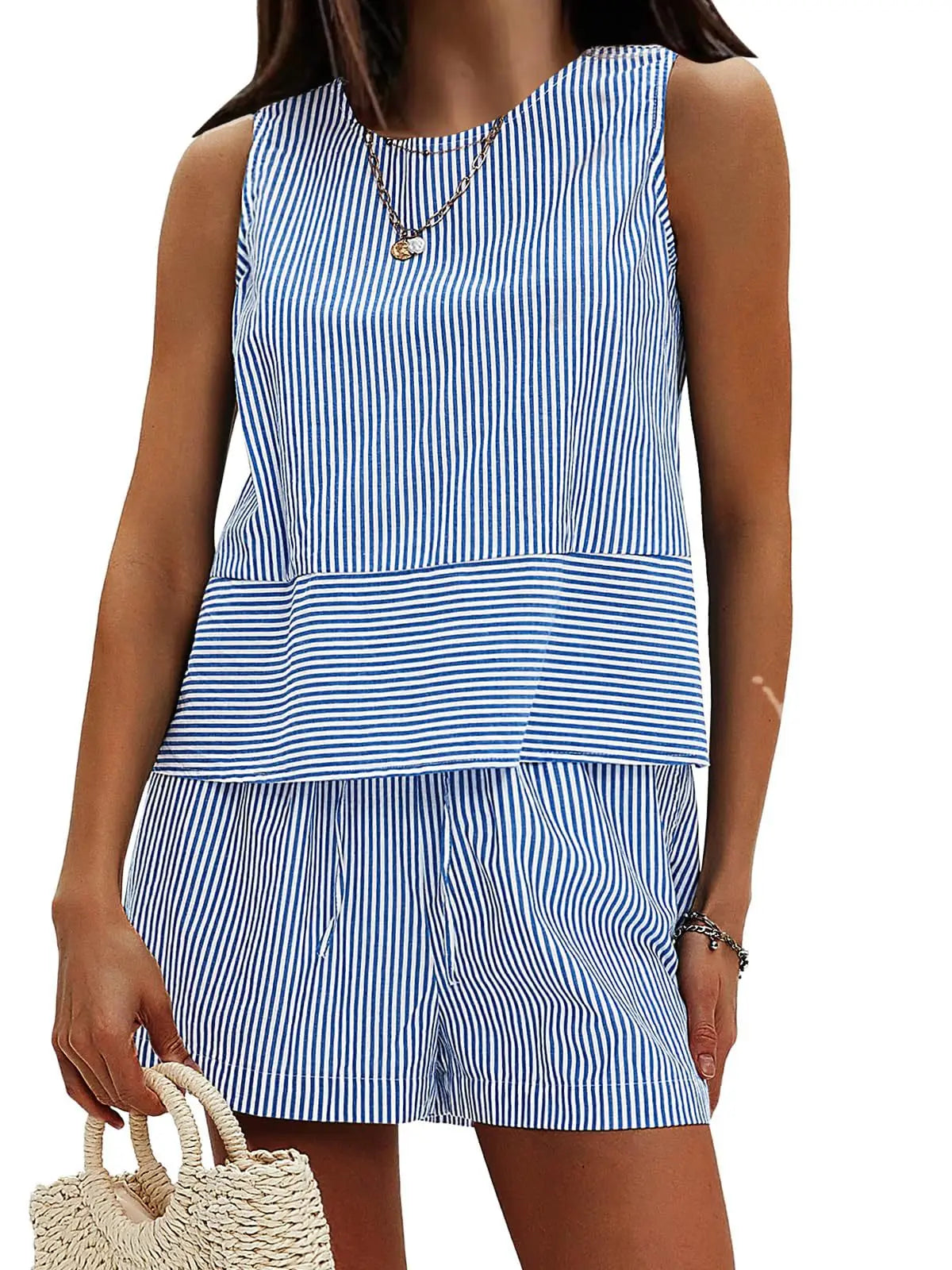2025 New European and American Style Store Women's Summer 2-Piece Set Sleeveless Top and Shorts Striped Sports