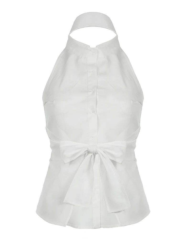 Sweetown Sleeveless Backless Tie Bow Shirts For Women Single Breasted Turn Down V Neck Sexy Halter Tops Solid Summer Vacation