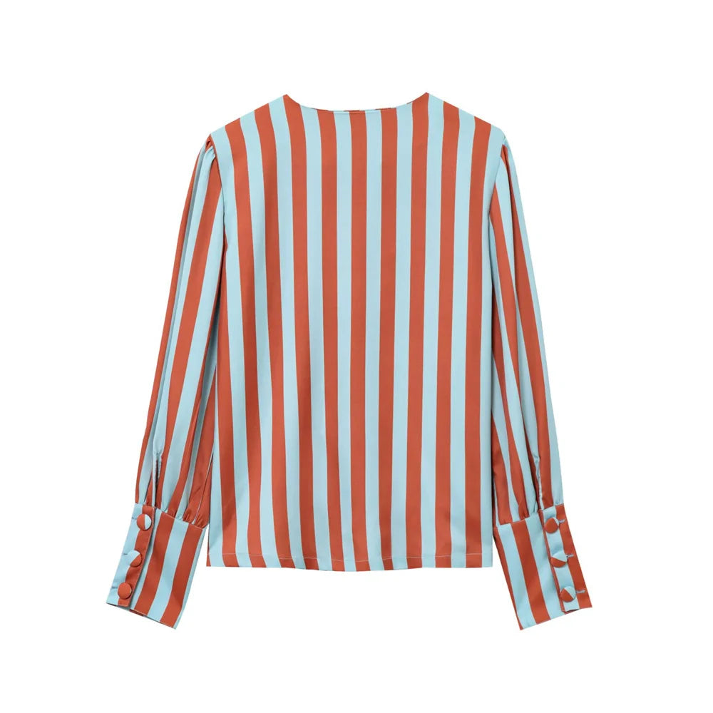 UNIZERA women's striped bubble sleeve top with round neck buckle decoration shirt for spring and summer casual women's wear