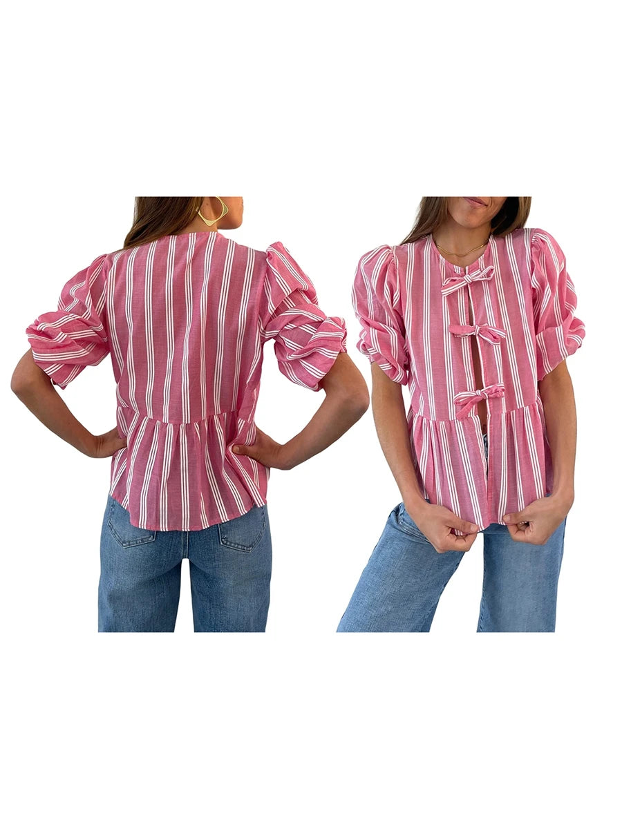 Women's Y2K Kawaii Summer Peplum Blouses Tops 3/4 Puff Sleeve Round Neck Bow Knot Tie-Up Front Babydoll Flare Casual Shirts