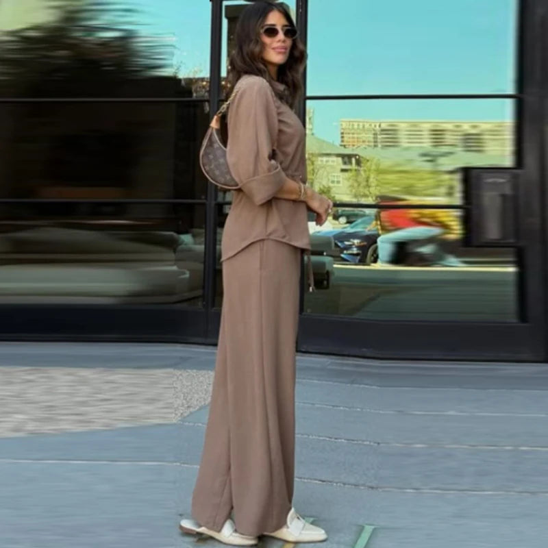 HXAO Safari Brown Pant Sets Women's Two Pieces Set Tunic Long Sleeve Shirt 2 Piece Sets Outfits High Waist Wide Leg Trouser Sets
