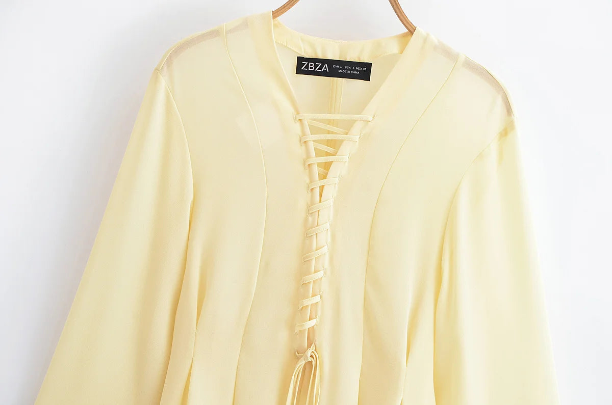 TRAFZA Women's 2025 Summer Versatile V-neck Lace-up Decorative Chiffon Loose Shirt Female Thin Pullover Casual Long Sleeve Shirt