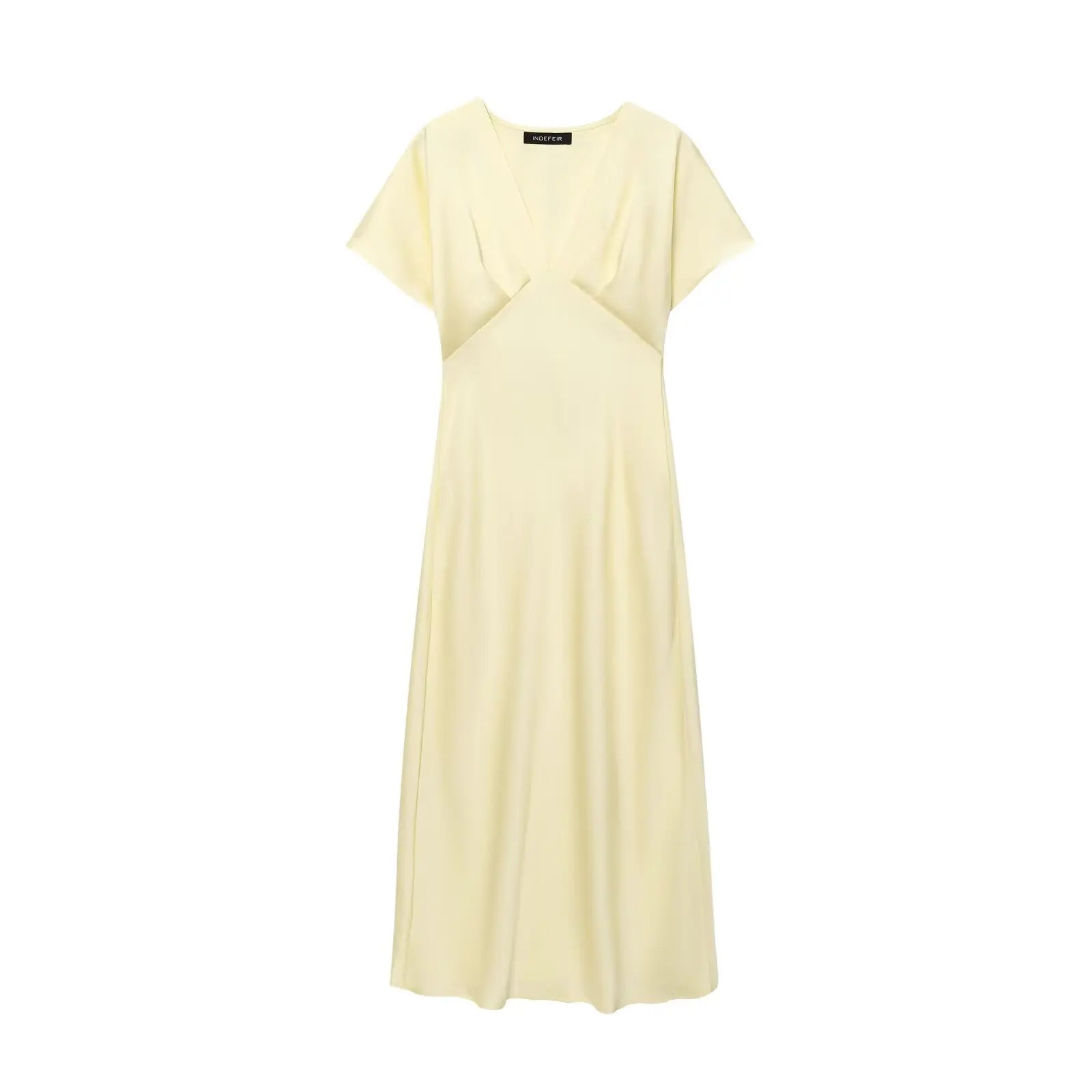TRAFZA Summer Causal Silk Satin Texture Dresses For Women Pleated Short Sleeves Vintage V-neck Summer Pajama Style Midi Dresses