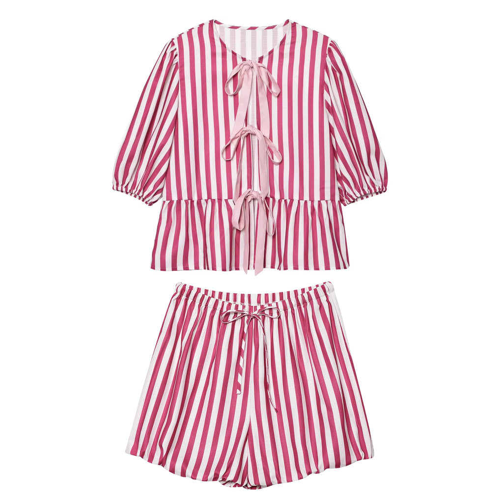 TRAF 2025 Woman Fashion Spring Summer Small Niche Lace Up Loose Top Sets Casual High Waisted Short Suits