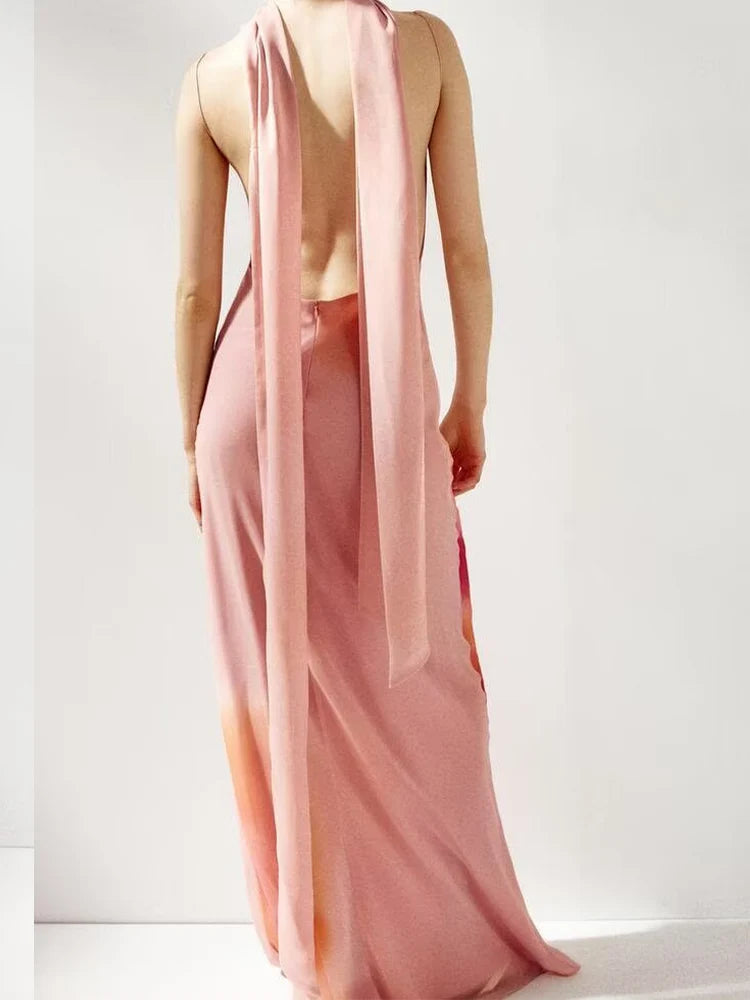 TRAF European and American style summer new fashion trend women's backless V-neck thin sling print scarf long dress