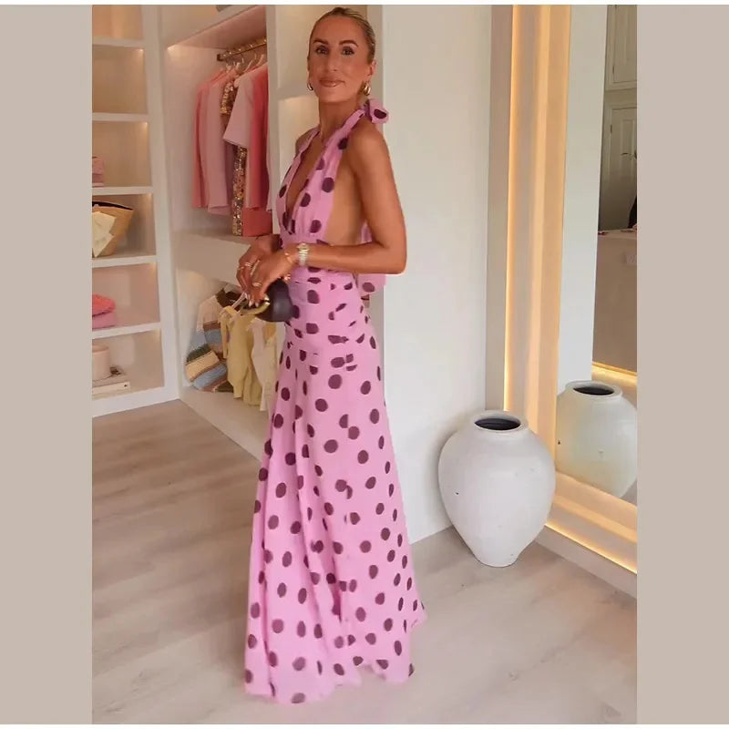 JULISSA MO Print Polka Dot Halter Women Maxi Dress Pink Sexy Backless V-neck Dress Femme Summer Slim Elegant Party Evening Dress