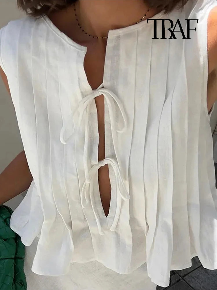 TRAF Women's Fashion Folded Ruffle Sleeveless Top Long Skirt Set Elegant White Lace Tie Blouse Chic High Waist Long Skirt Set