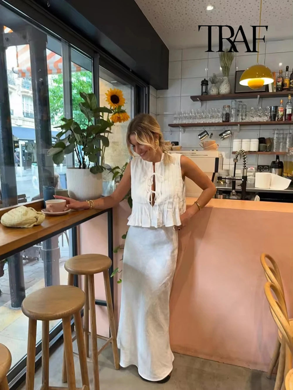 TRAF Women's Fashion Folded Ruffle Sleeveless Top Long Skirt Set Elegant White Lace Tie Blouse Chic High Waist Long Skirt Set