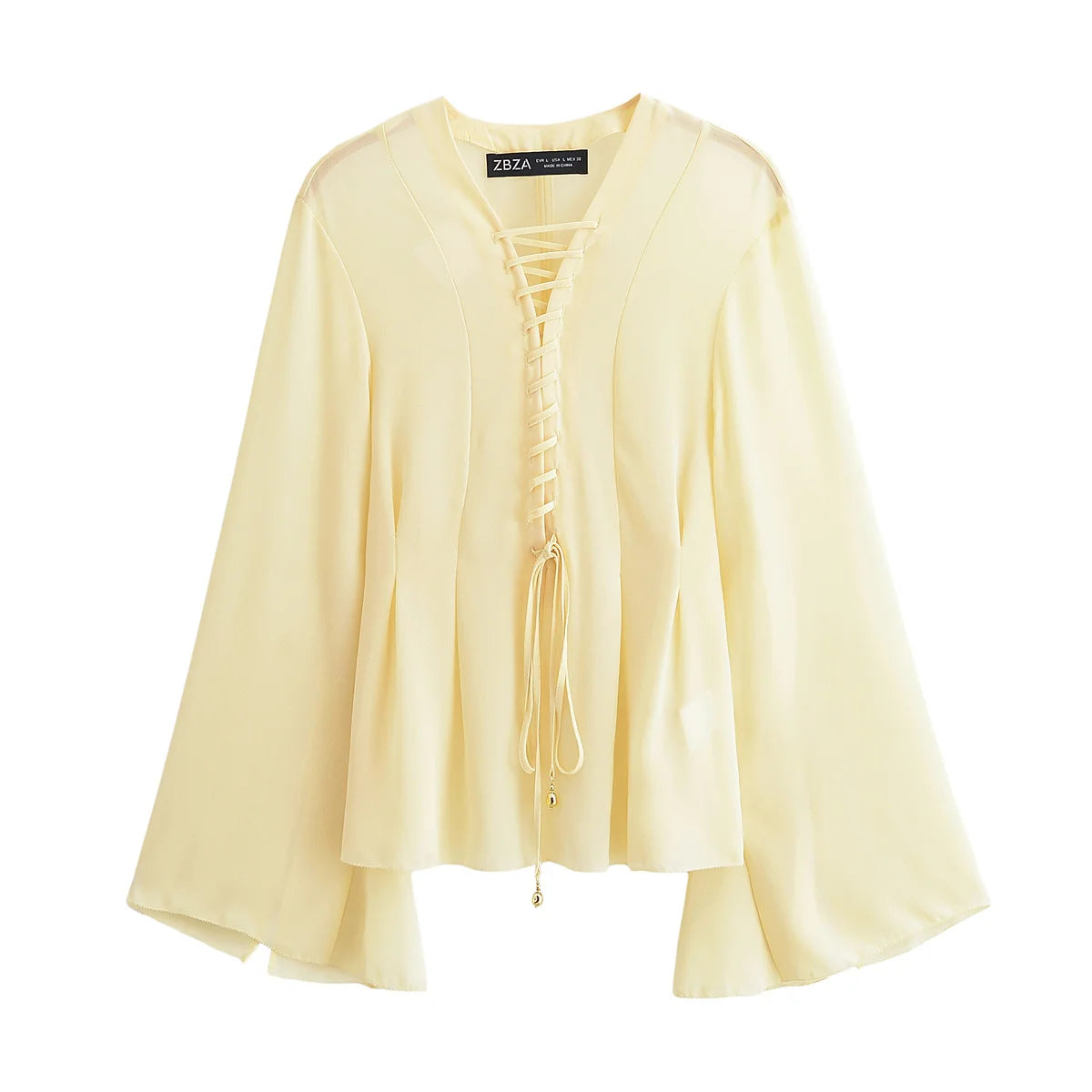 TRAFZA Women's 2025 Summer Versatile V-neck Lace-up Decorative Chiffon Loose Shirt Female Thin Pullover Casual Long Sleeve Shirt