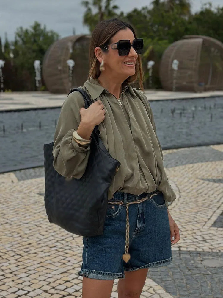 TRAFZA Spring Woman Elegant Chic Zipper Design Solid Casual Coat Women Lapel Bat Sleeve Pleated Decoration Loose Jacket Top