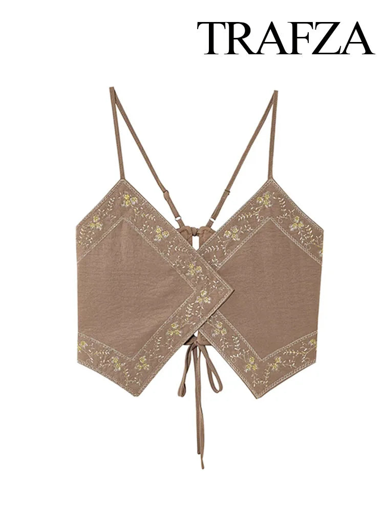 TRAFZA Female Summer Sexy Sling Tops Light Brown V-Neck Sleeveless Embroidery Lace-Up Decoration Women's Fashion Short Tops