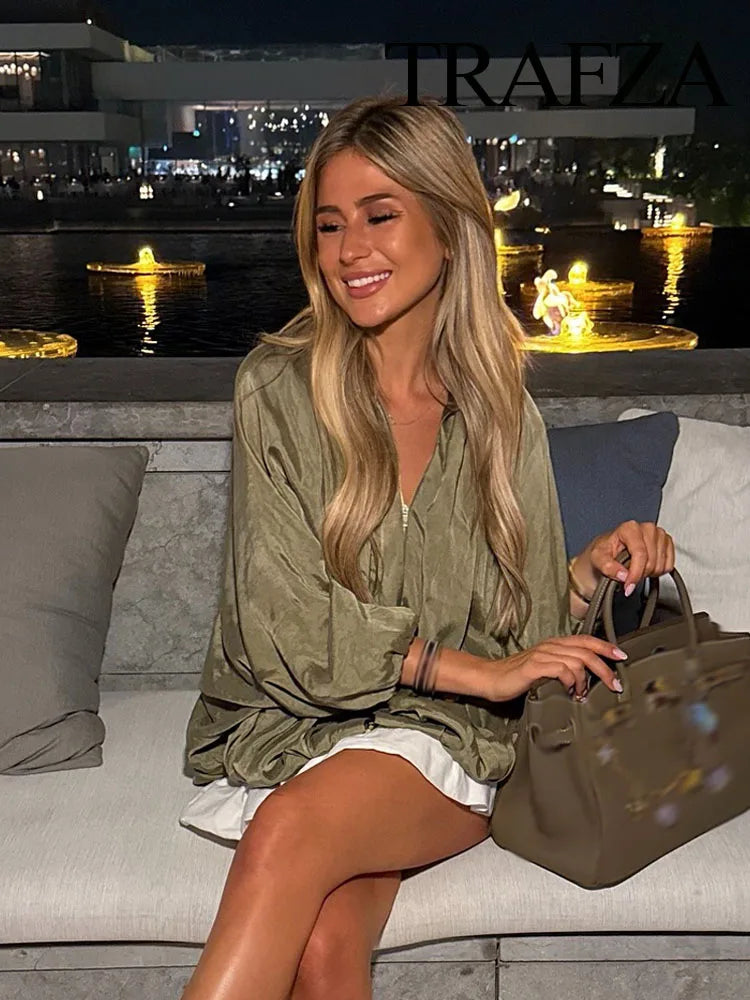TRAFZA Spring Woman Elegant Chic Zipper Design Solid Casual Coat Women Lapel Bat Sleeve Pleated Decoration Loose Jacket Top
