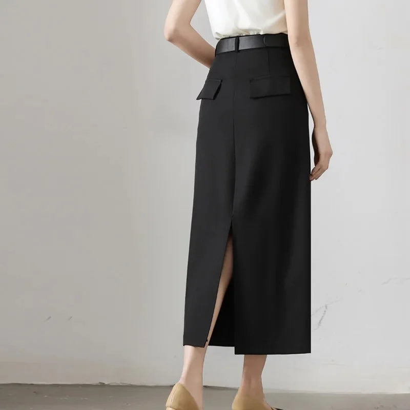 High Waist A- Line Long Skirt for Women in Black And Grey Suiting Spring Autumn Straight Cut Wrap around Skirt Polyester Fiber
