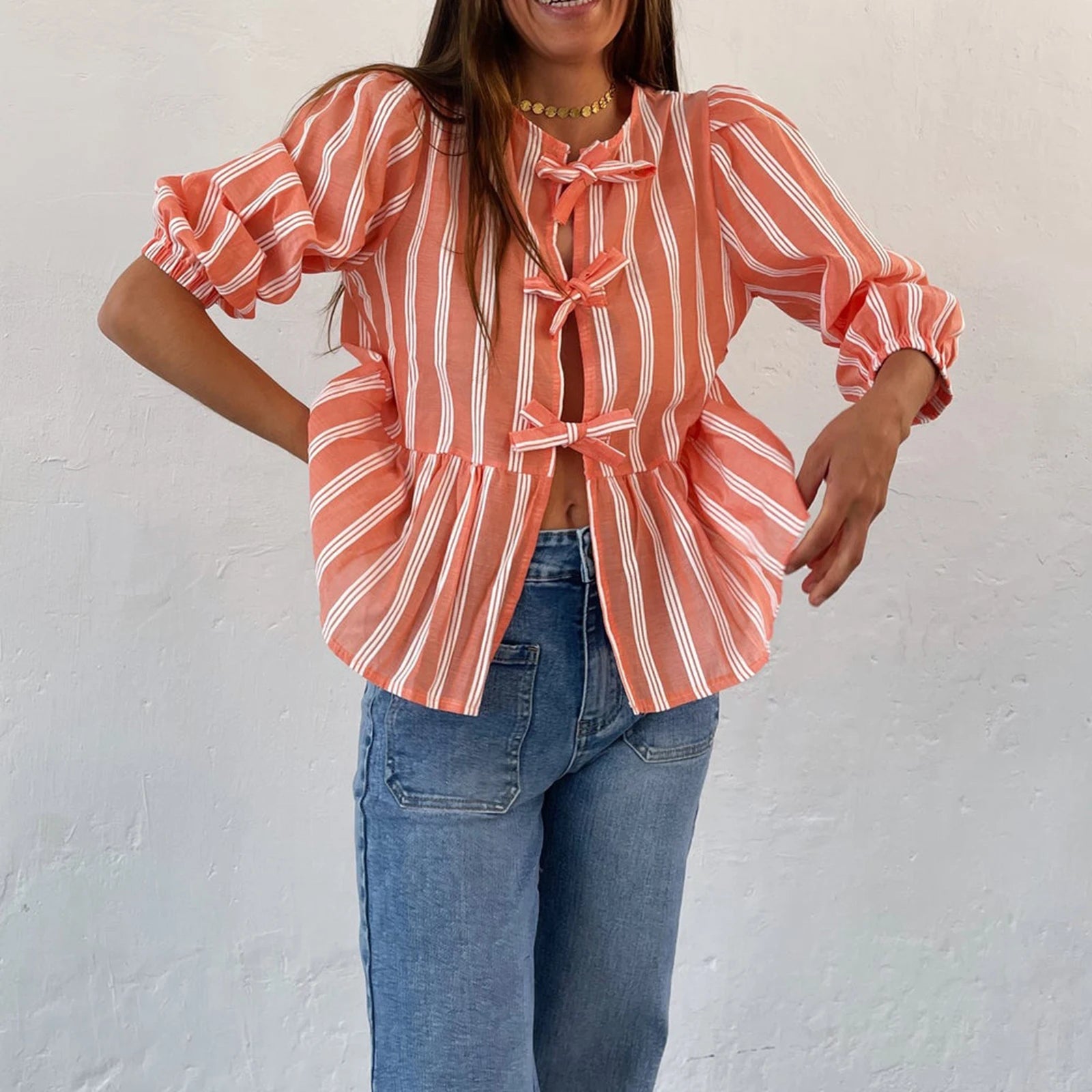 Women's Y2K Kawaii Summer Peplum Blouses Tops 3/4 Puff Sleeve Round Neck Bow Knot Tie-Up Front Babydoll Flare Casual Shirts