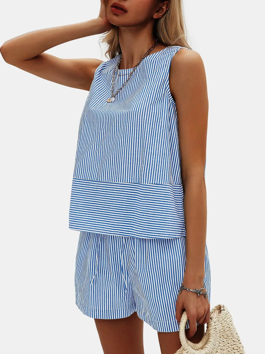 2025 New European and American Style Store Women's Summer 2-Piece Set Sleeveless Top and Shorts Striped Sports