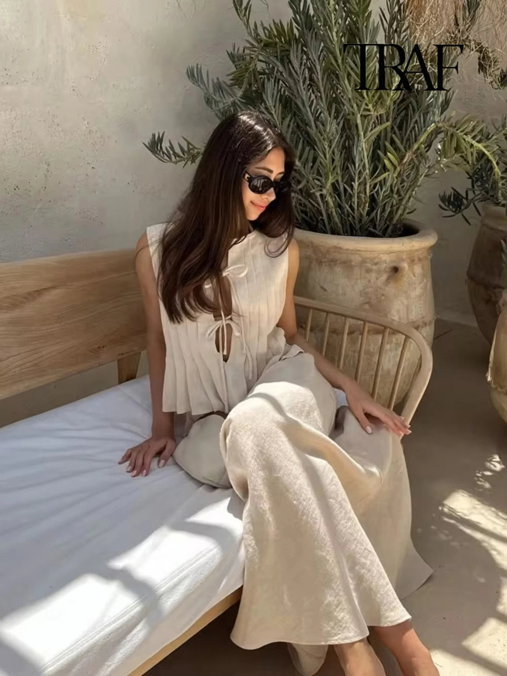 TRAF Women's Fashion Folded Ruffle Sleeveless Top Long Skirt Set Elegant White Lace Tie Blouse Chic High Waist Long Skirt Set