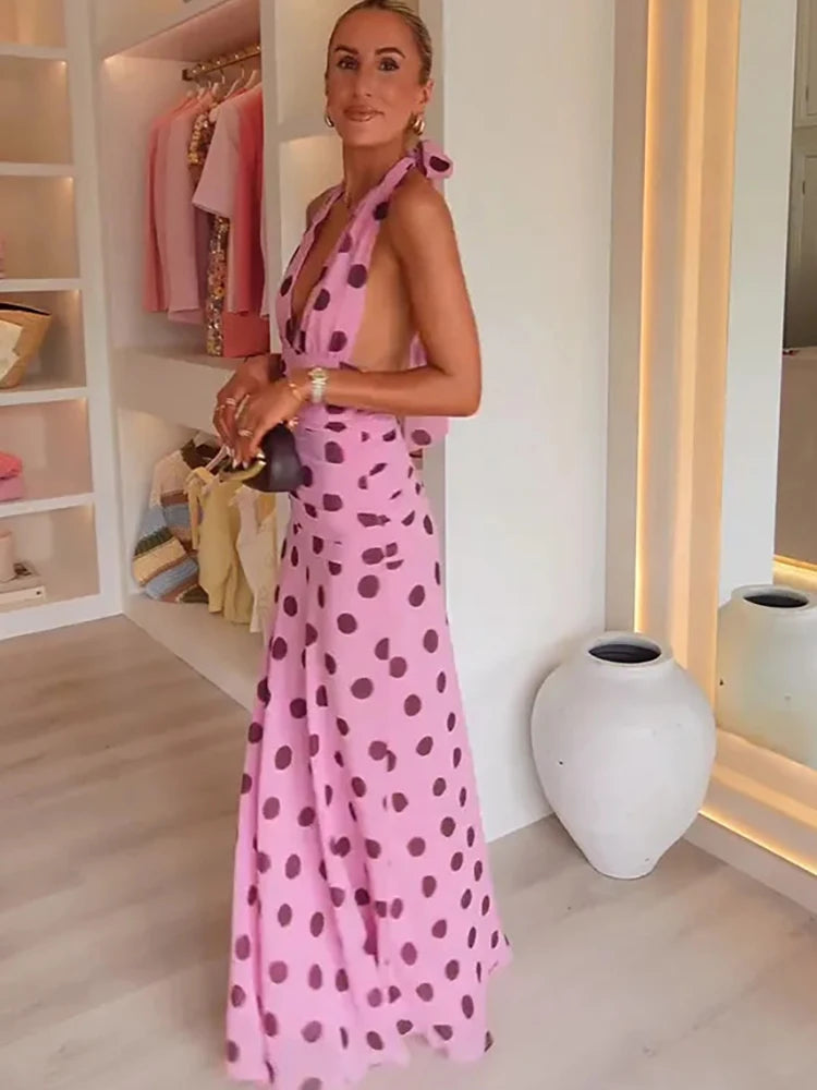 JULISSA MO Print Polka Dot Halter Women Maxi Dress Pink Sexy Backless V-neck Dress Femme Summer Slim Elegant Party Evening Dress
