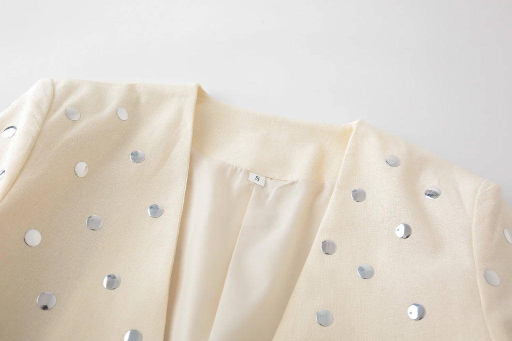 TRAFZA Women's Summer New Rivet Decorative V-neck No-button Casual Suit Jacket Female Temperature Sequin Suit Long Sleeve Jacket