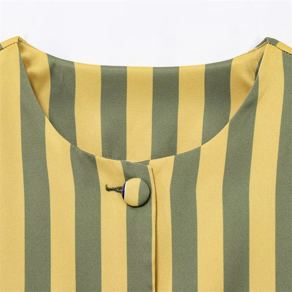 UNIZERA women's striped bubble sleeve top with round neck buckle decoration shirt for spring and summer casual women's wear