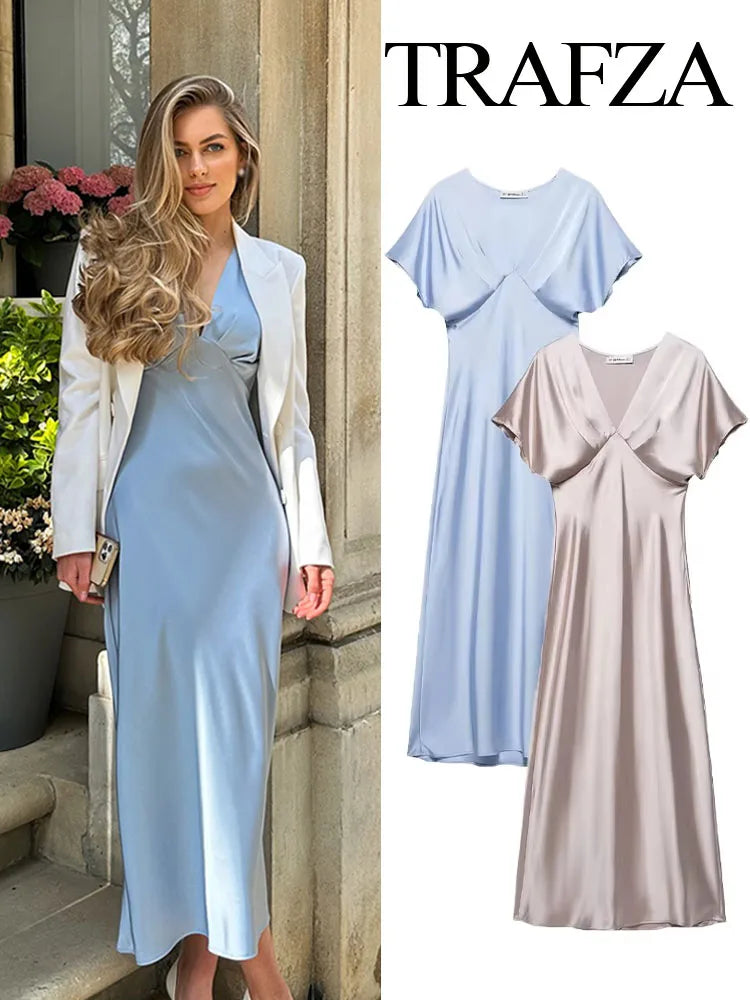 TRAFZA Summer Causal Silk Satin Texture Dresses For Women Pleated Short Sleeves Vintage V-neck Summer Pajama Style Midi Dresses