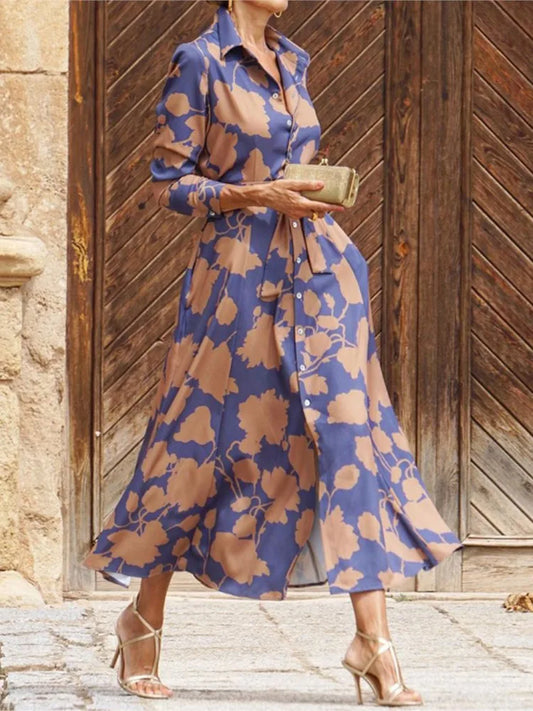 2024 Spring New Women's Fashion Style Printed Sexy Waist Strap Mid Length Single Breasted Long Sleeve Collar Dress
